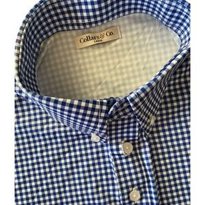 Collars & Co. Men's Large Blue Gingham Oxford Button Down Polo Shirt Casual Golf